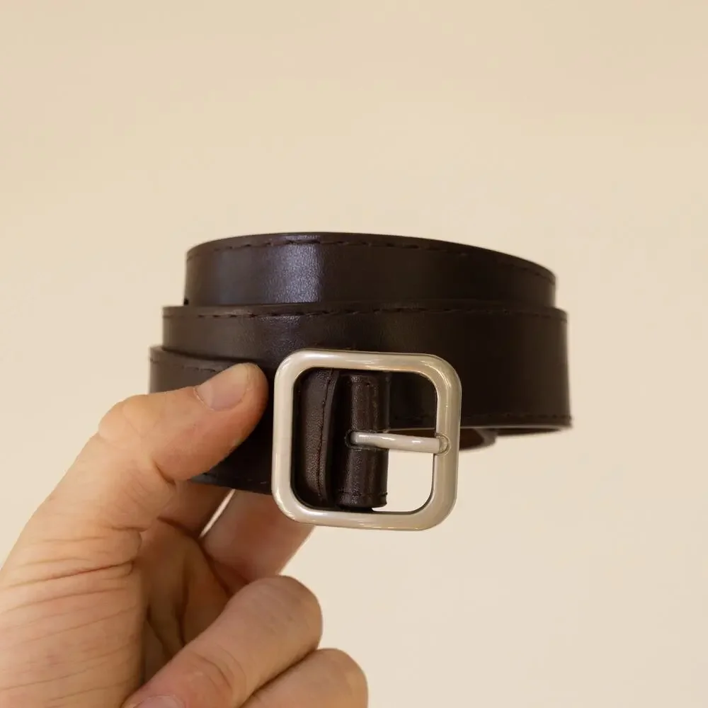 Vintage Brown Leather Belt Minimalist Silver Square Buckle Everyday Unisex